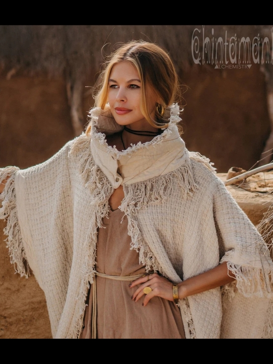 Chintamani Alchemistry Sweaters - Chintamani Cream Fringe Knit Poncho Coat